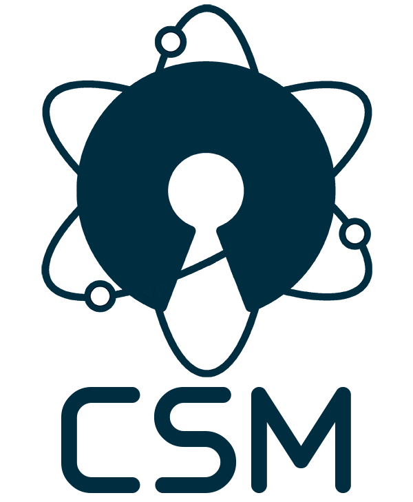 Logo of The Comunity Science Museum. An atom with a keyhole at the center, with the letters CSM at the bottom